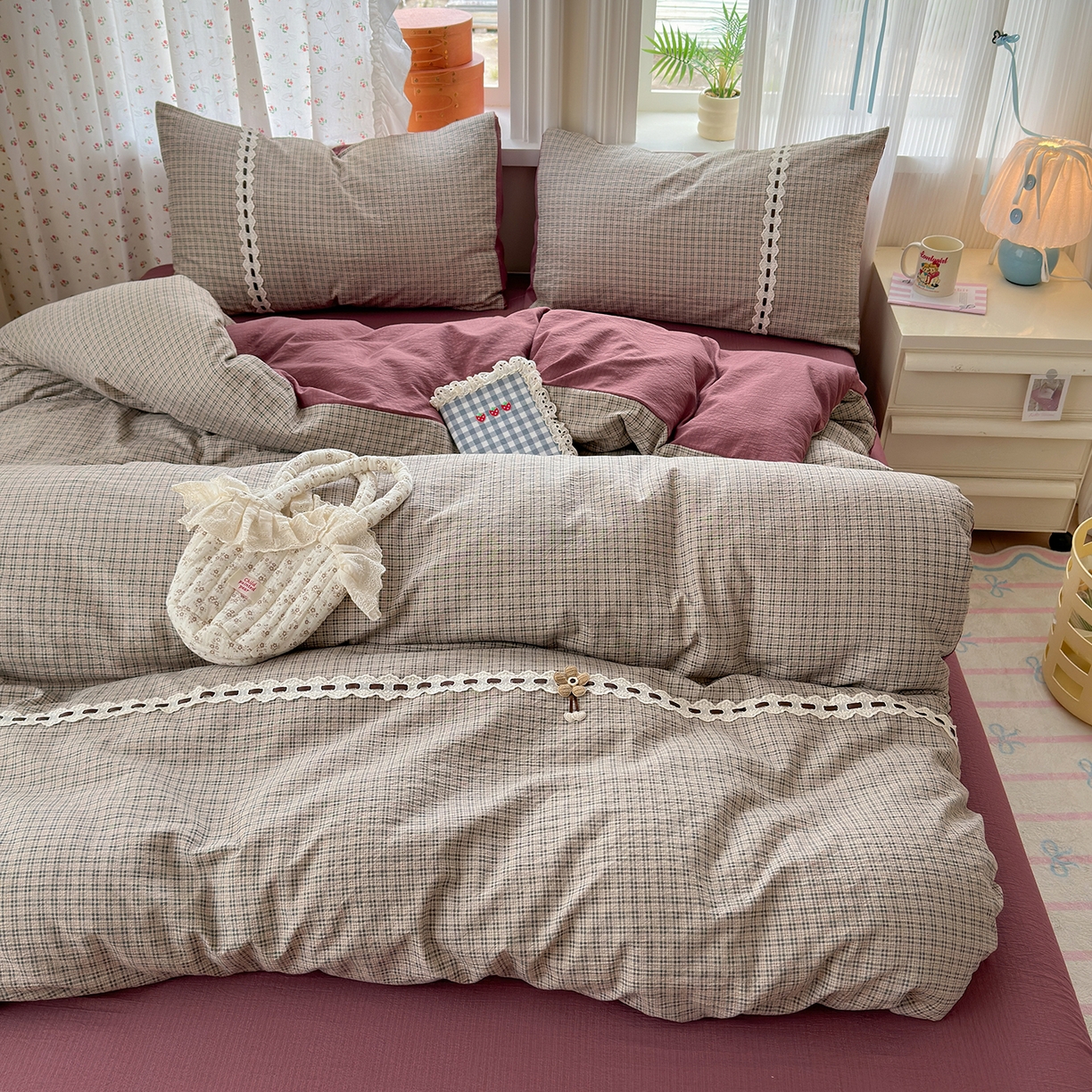 晚爱家纺（原晚安家居） 2025新款云感木棉双层纱四件套皱皱纱蕾丝花边四件套 梦境-豆沙红