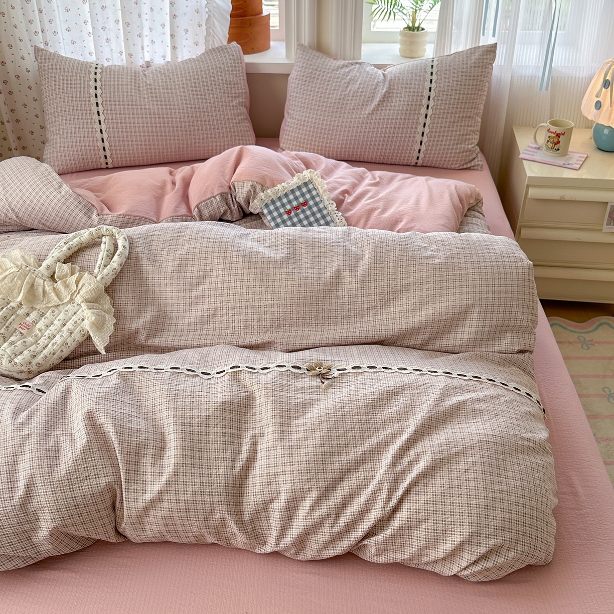 晚爱家纺（原晚安家居） 2025新款云感木棉双层纱四件套皱皱纱蕾丝花边四件套 梦境-浅粉