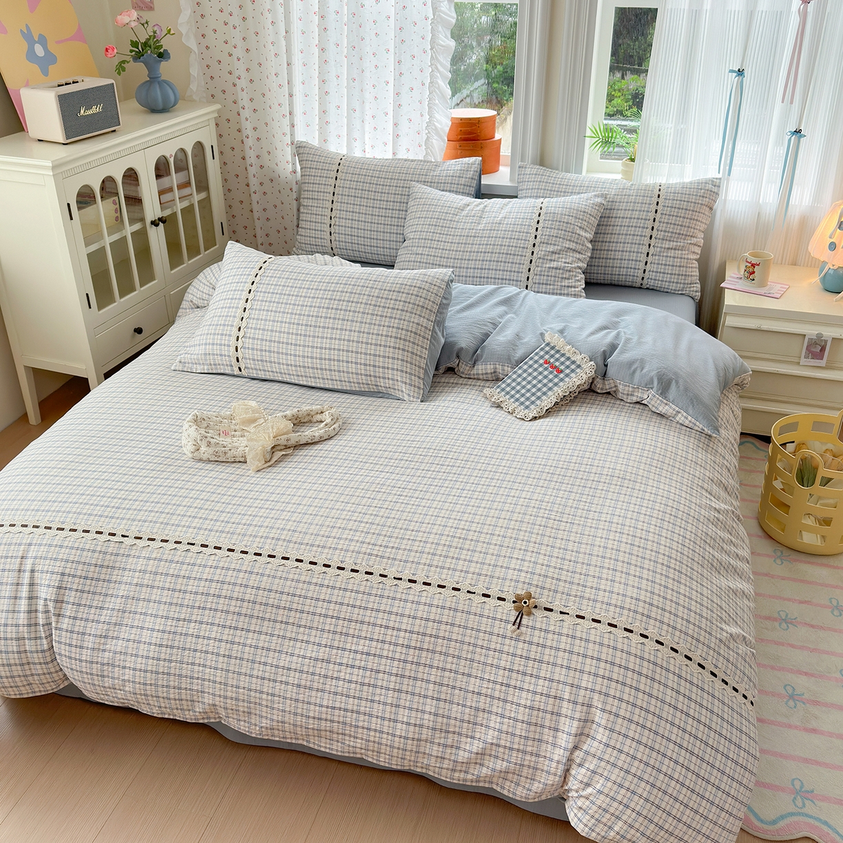 91家纺网 家纺一手货源 找家纺 晚爱家纺（原晚安家居） 2025新款云感木棉双层纱四件套皱皱纱蕾丝花边四件套 梦境-天空蓝