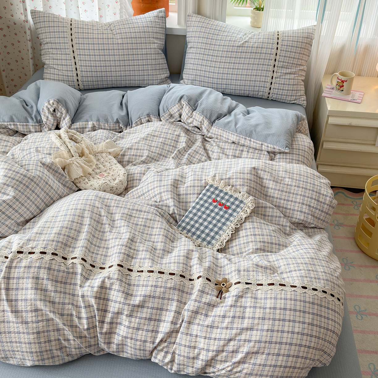 91家纺网 家纺一手货源 找家纺 晚爱家纺（原晚安家居） 2025新款云感木棉双层纱四件套皱皱纱蕾丝花边四件套 梦境-天空蓝