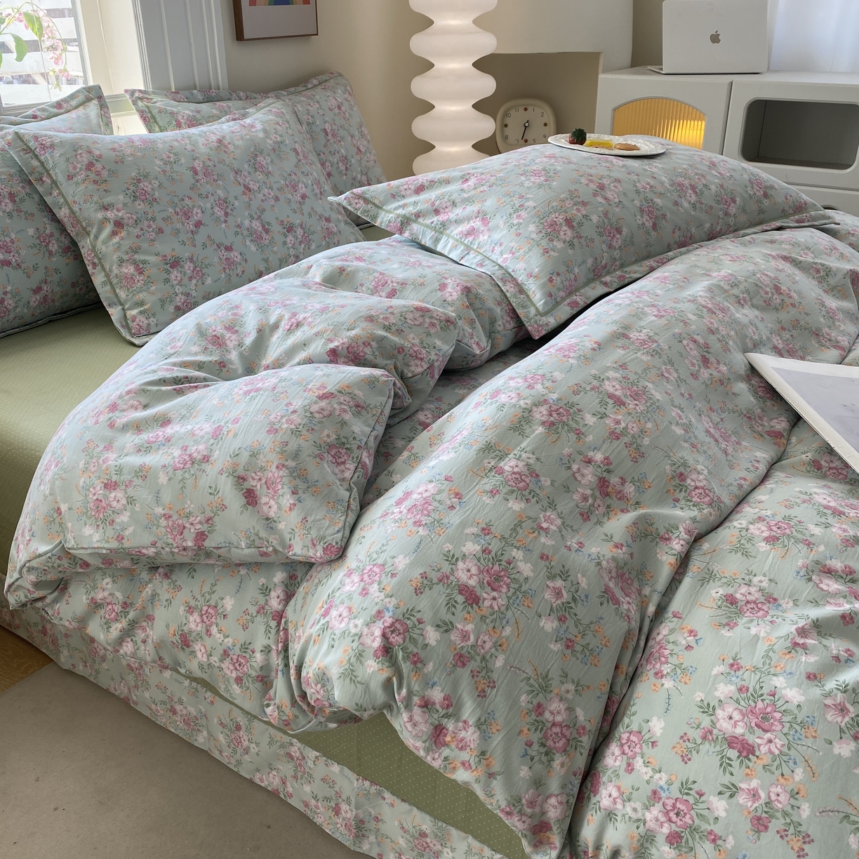 91家纺网 家纺一手货源 找家纺 纽维斯 2025新款140g高克重仿全棉40S精梳棉磨毛四件套 梦若菲（绿）