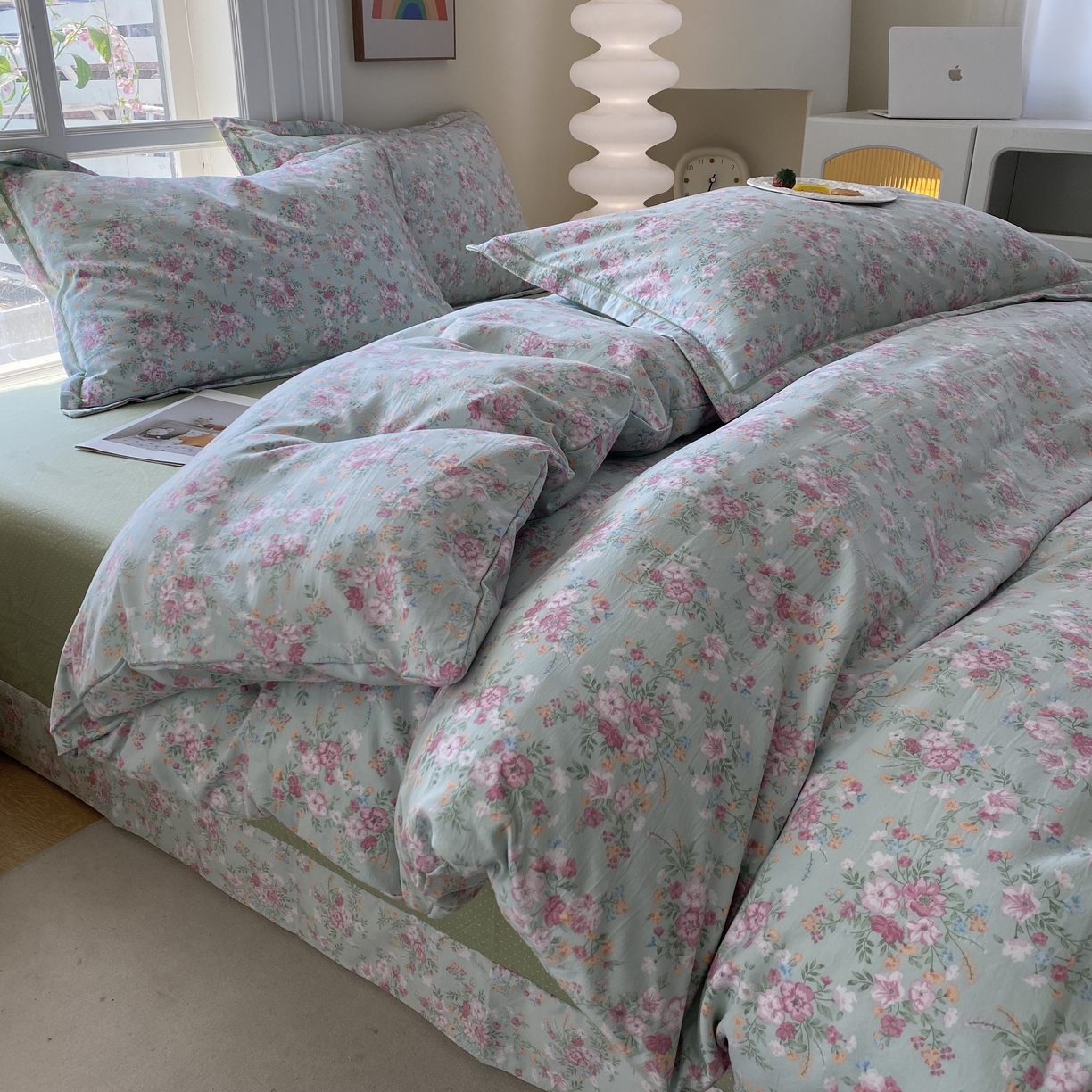 91家纺网 家纺一手货源 找家纺 纽维斯 2025新款140g高克重仿全棉40S精梳棉磨毛四件套 梦若菲（绿）