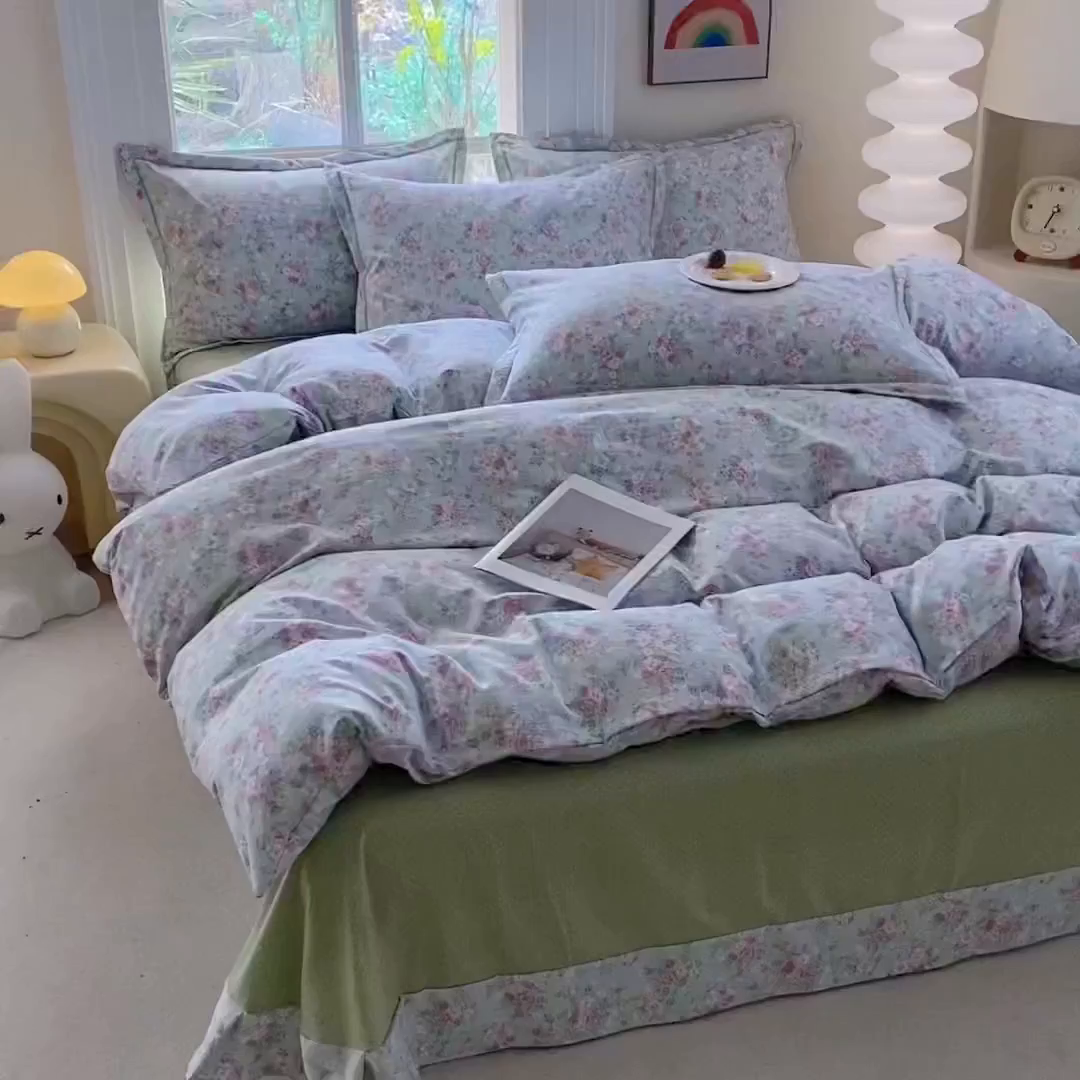 91家纺网 家纺一手货源 找家纺 纽维斯 2025新款140g高克重仿全棉40S精梳棉磨毛四件套 梦若菲（绿）