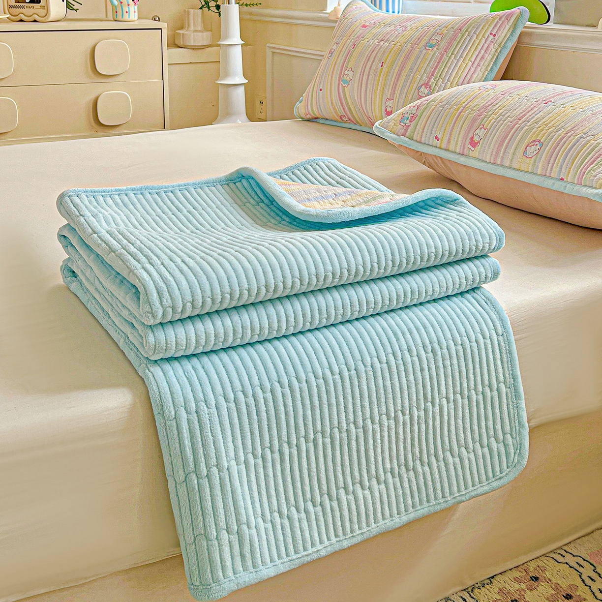 91家纺网 家纺一手货源 找家纺 恒尚居 2025新款纯棉牛奶绒学生床垫 双面两用夹棉床单床垫-秋冬款四季通用-系列一 彩虹猫【A纯棉-B牛奶绒】