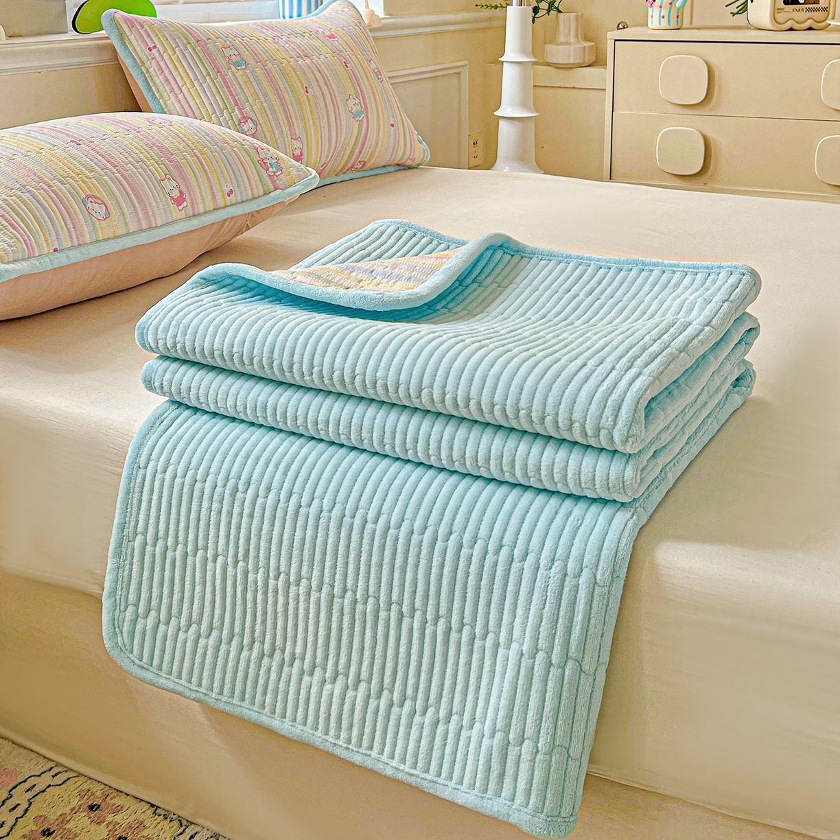 91家纺网 家纺一手货源 找家纺 恒尚居 2025新款纯棉牛奶绒学生床垫 双面两用夹棉床单床垫-秋冬款四季通用-系列一 彩虹猫【A纯棉-B牛奶绒】