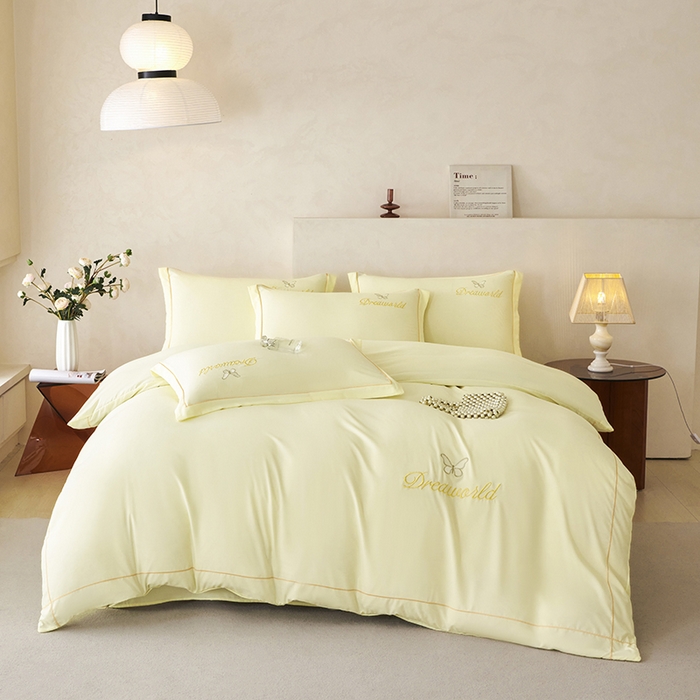 91家纺网 家纺一手货源 找家纺 纽维斯 2025新款水洗棉云朵棉刺绣宽边绣花磨毛四件套-小晴天系列 小晴天-芝士黄