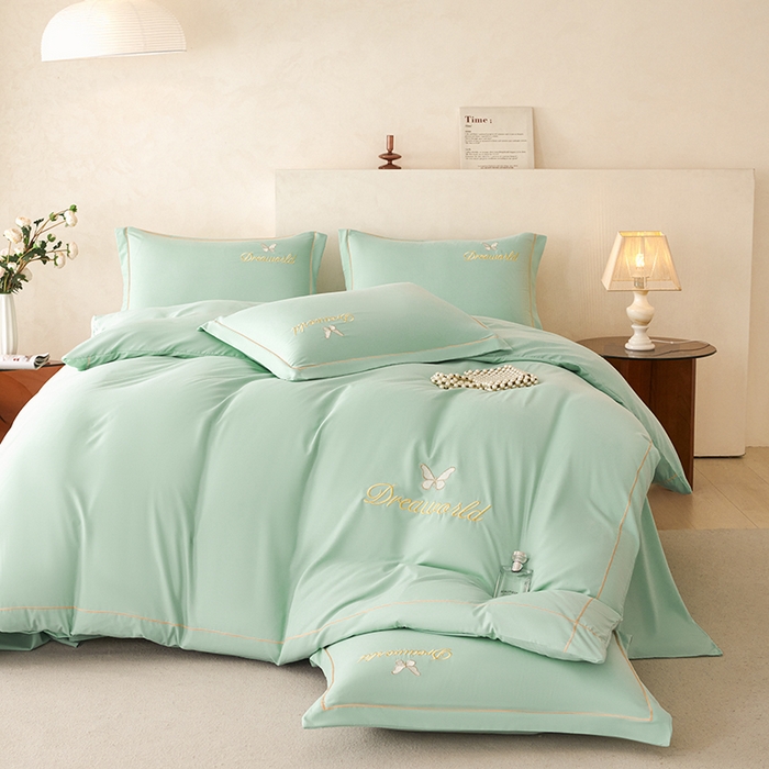 91家纺网 家纺一手货源 找家纺 纽维斯 2025新款水洗棉云朵棉刺绣宽边绣花磨毛四件套-小晴天系列 小晴天-水绿