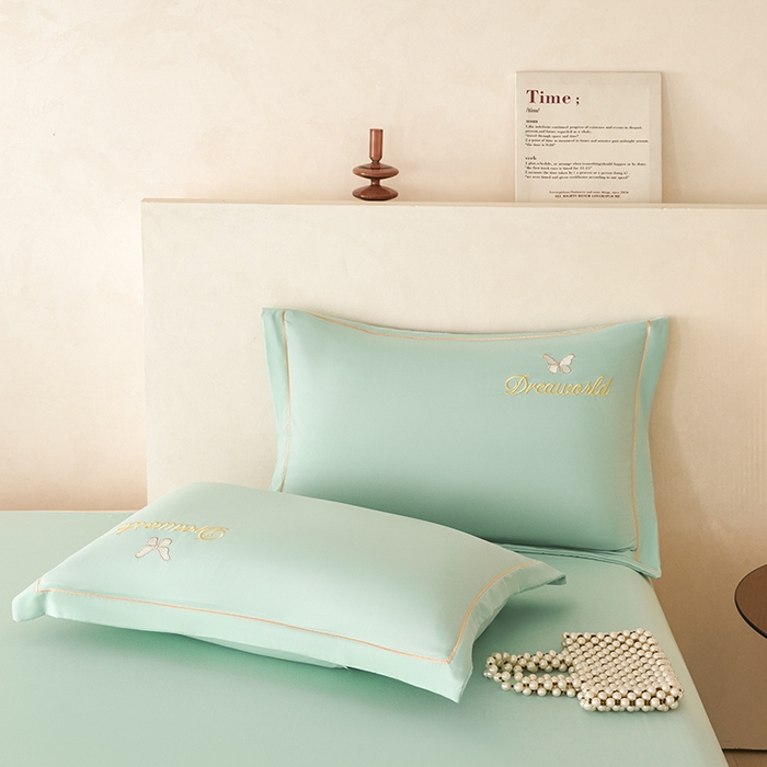 91家纺网 家纺一手货源 找家纺 纽维斯 2025新款水洗棉云朵棉刺绣宽边绣花磨毛四件套-小晴天系列 小晴天-水绿