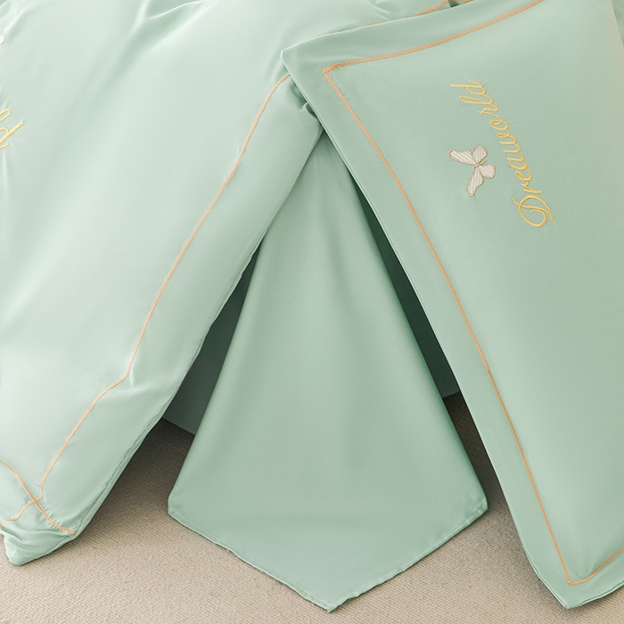 91家纺网 家纺一手货源 找家纺 纽维斯 2025新款水洗棉云朵棉刺绣宽边绣花磨毛四件套-小晴天系列 小晴天-水绿