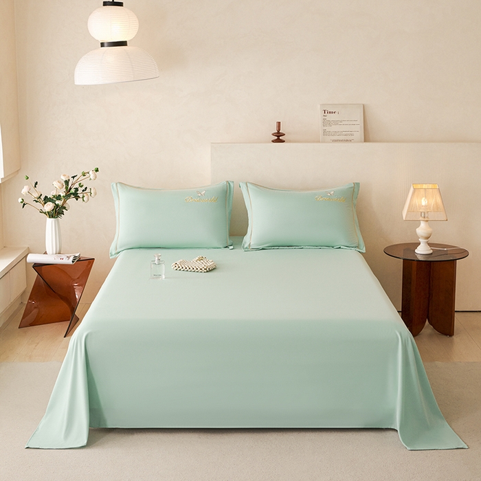 91家纺网 家纺一手货源 找家纺 纽维斯 2025新款水洗棉云朵棉刺绣宽边绣花磨毛四件套-小晴天系列 小晴天-水绿