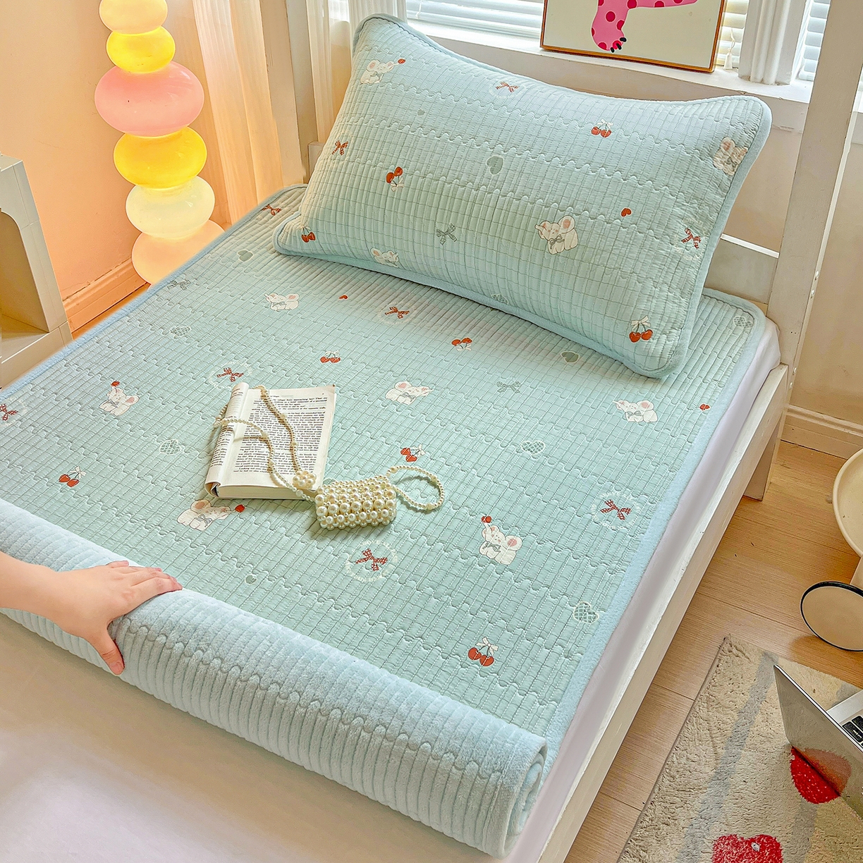 恒尚居 2025新款纯棉牛奶绒学生床垫 双面两用夹棉床单床垫-秋冬款四季通用-系列一 【蓝象】A纯棉-B牛奶绒