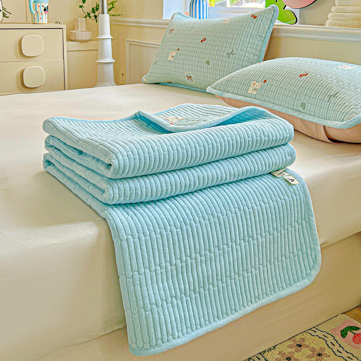 91家纺网 家纺一手货源 找家纺 恒尚居 2025新款纯棉牛奶绒学生床垫 双面两用夹棉床单床垫-秋冬款四季通用-系列一 【蓝象】A纯棉-B牛奶绒