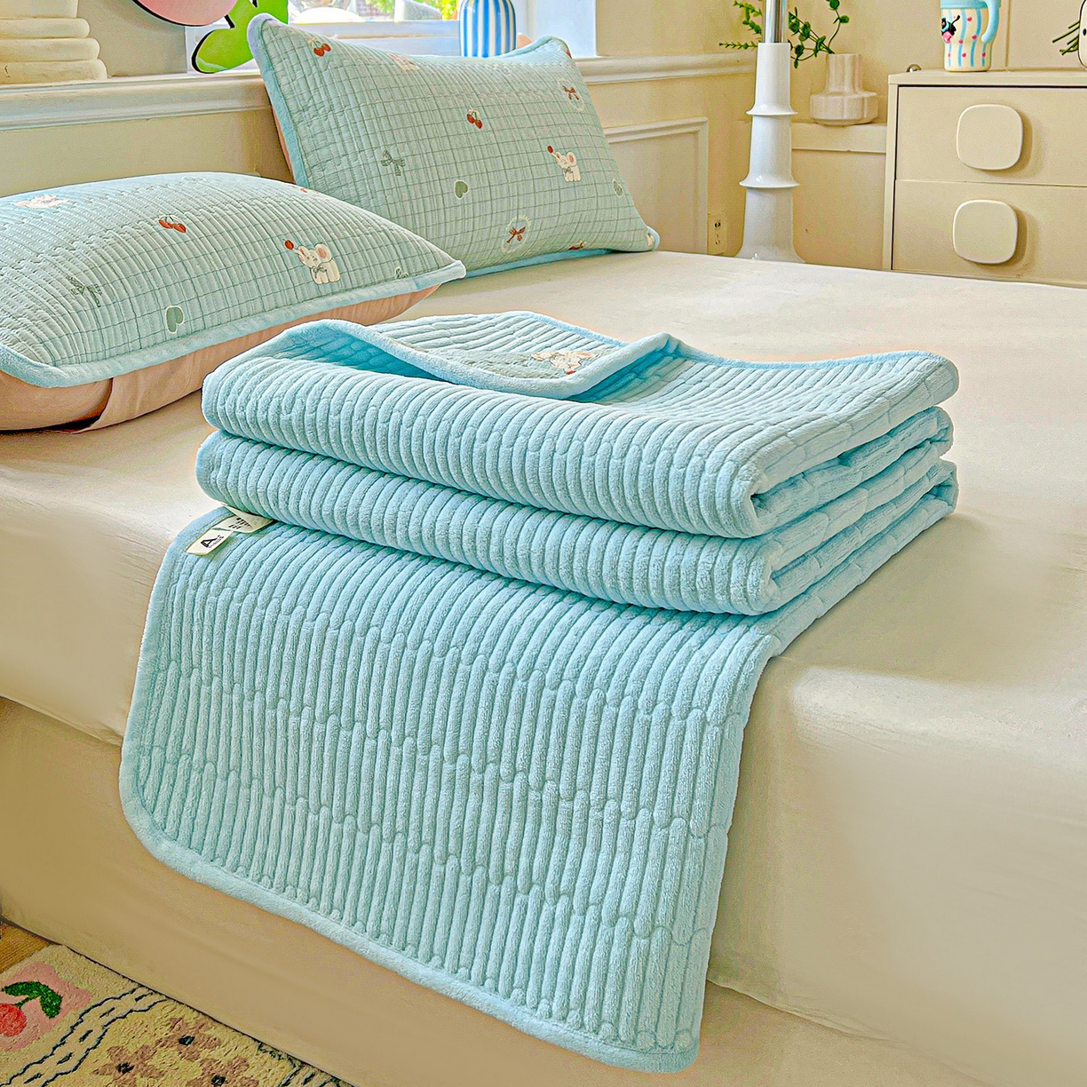 91家纺网 家纺一手货源 找家纺 恒尚居 2025新款纯棉牛奶绒学生床垫 双面两用夹棉床单床垫-秋冬款四季通用-系列一 【蓝象】A纯棉-B牛奶绒