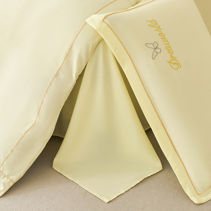 91家纺网 家纺一手货源 找家纺 纽维斯 2025新款水洗棉云朵棉刺绣宽边绣花磨毛四件套-小晴天系列 小晴天-芝士黄