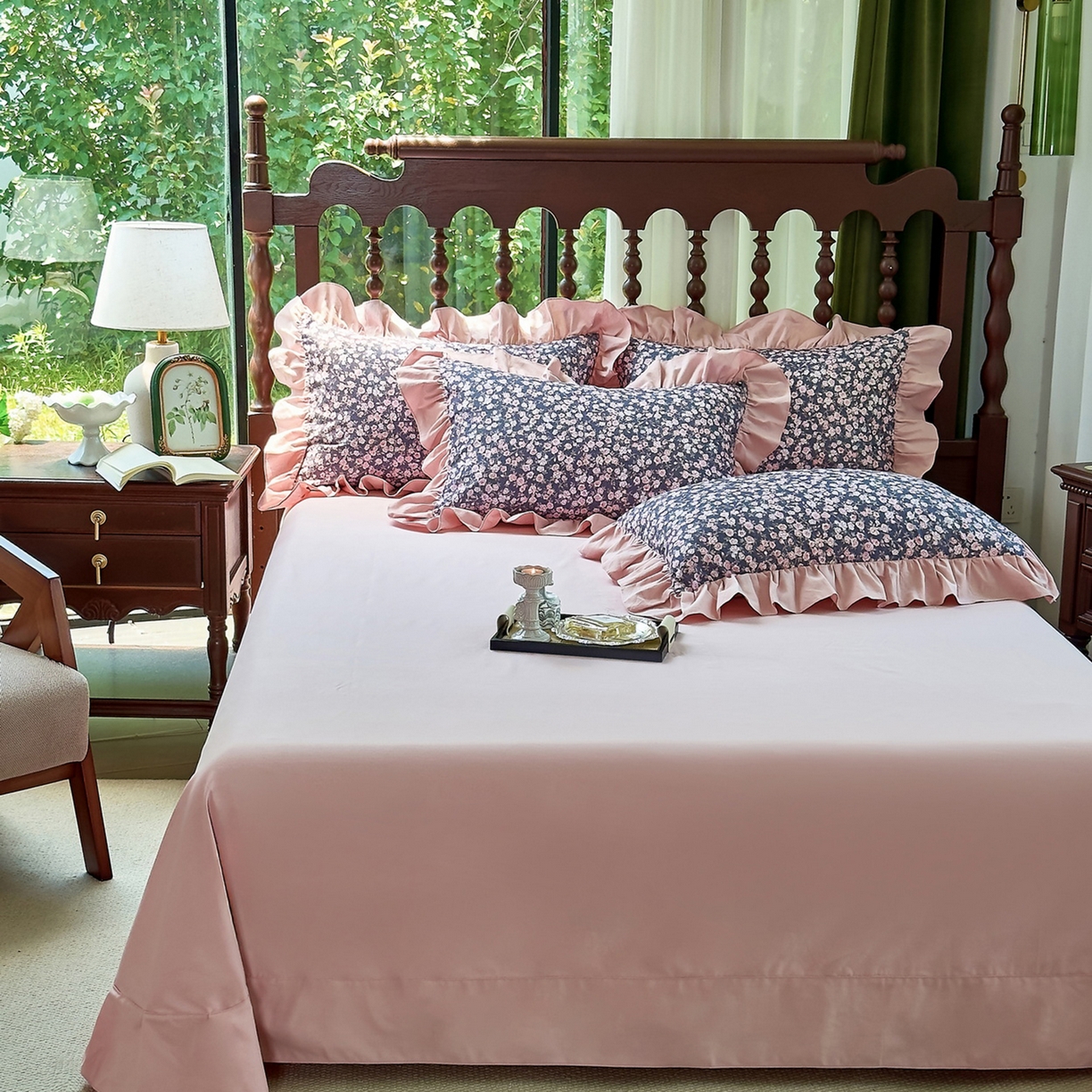 91家纺网 家纺一手货源 找家纺 未来家居 2025秋冬新款全棉法式花边款磨毛四件套 浪漫人生-粉