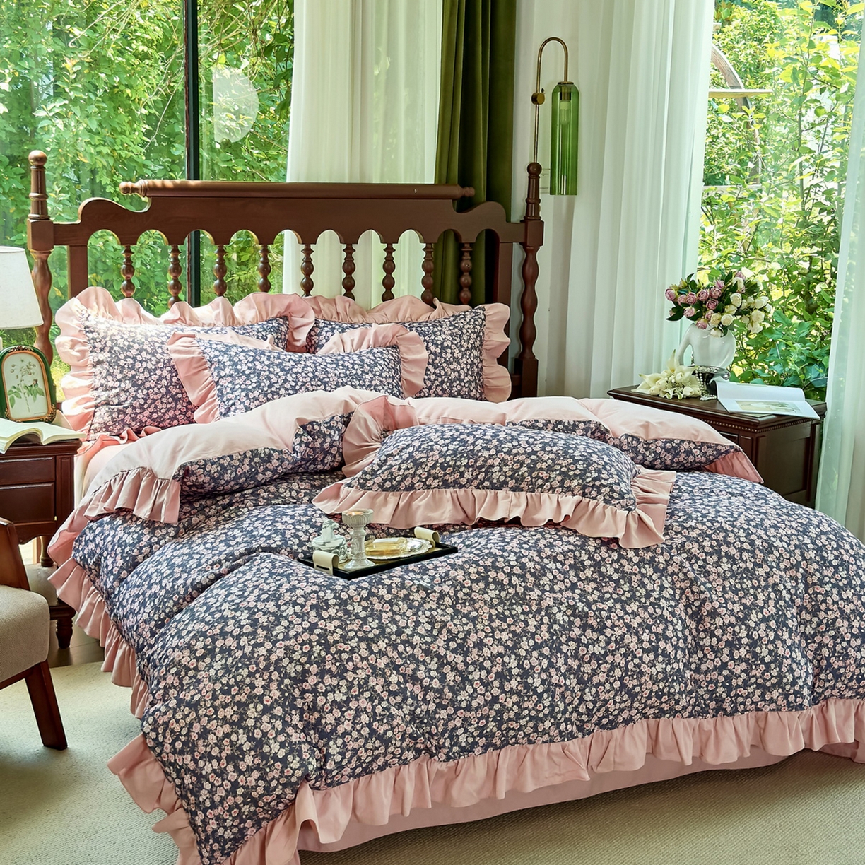 91家纺网 家纺一手货源 找家纺 未来家居 2025秋冬新款全棉法式花边款磨毛四件套 浪漫人生-粉