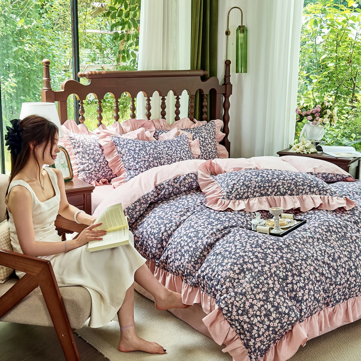 91家纺网 家纺一手货源 找家纺 未来家居 2025秋冬新款全棉法式花边款磨毛四件套 浪漫人生-粉