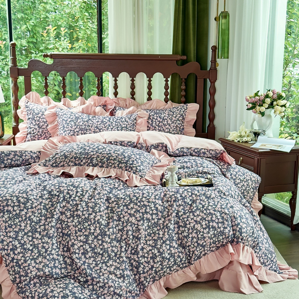 91家纺网 家纺一手货源 找家纺 未来家居 2025秋冬新款全棉法式花边款磨毛四件套 浪漫人生-粉