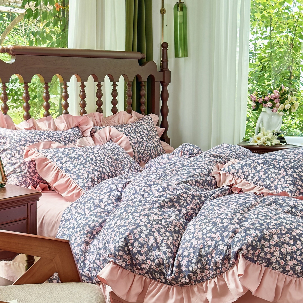 91家纺网 家纺一手货源 找家纺 未来家居 2025秋冬新款全棉法式花边款磨毛四件套 浪漫人生-粉