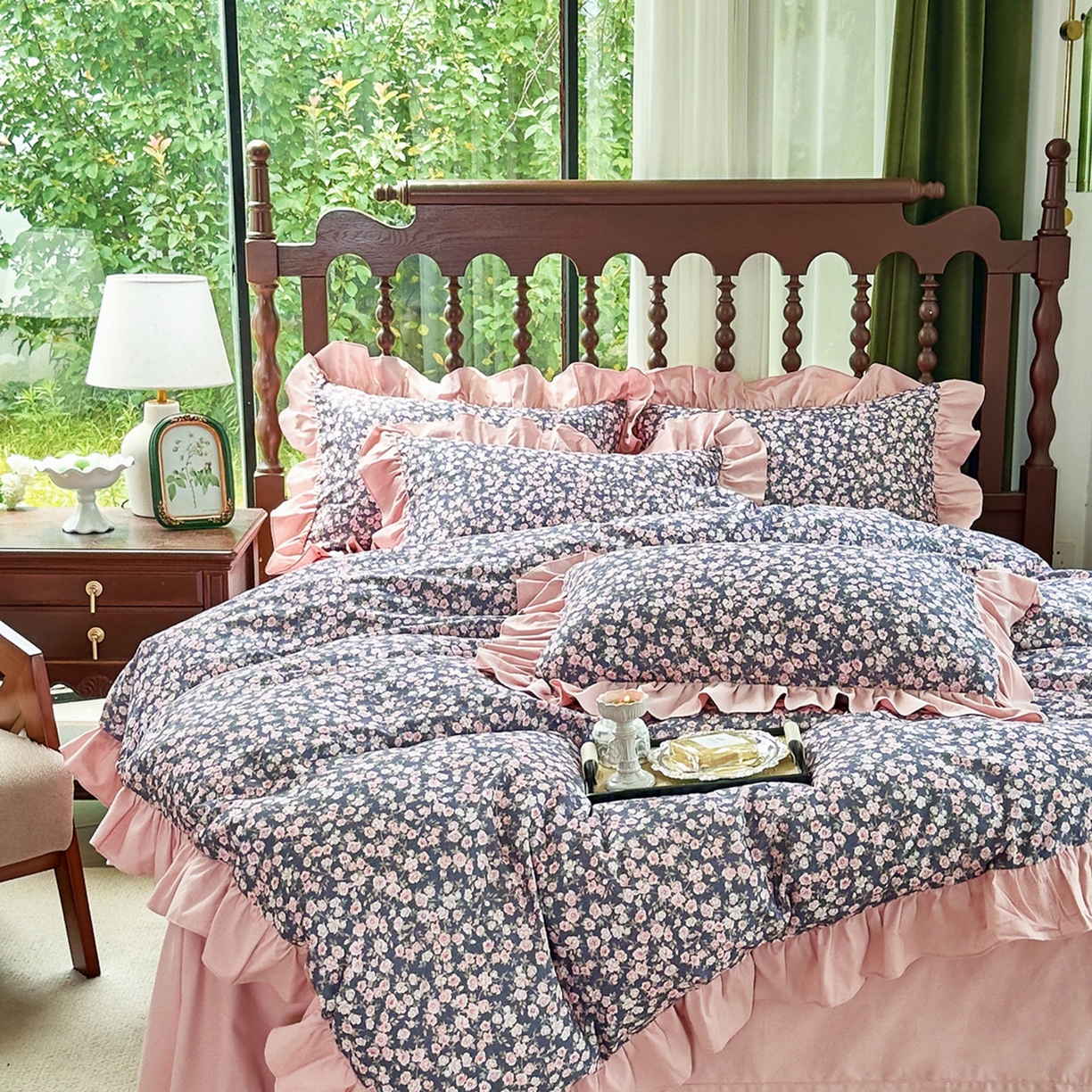 91家纺网 家纺一手货源 找家纺 未来家居 2025秋冬新款全棉法式花边款磨毛四件套 浪漫人生-粉