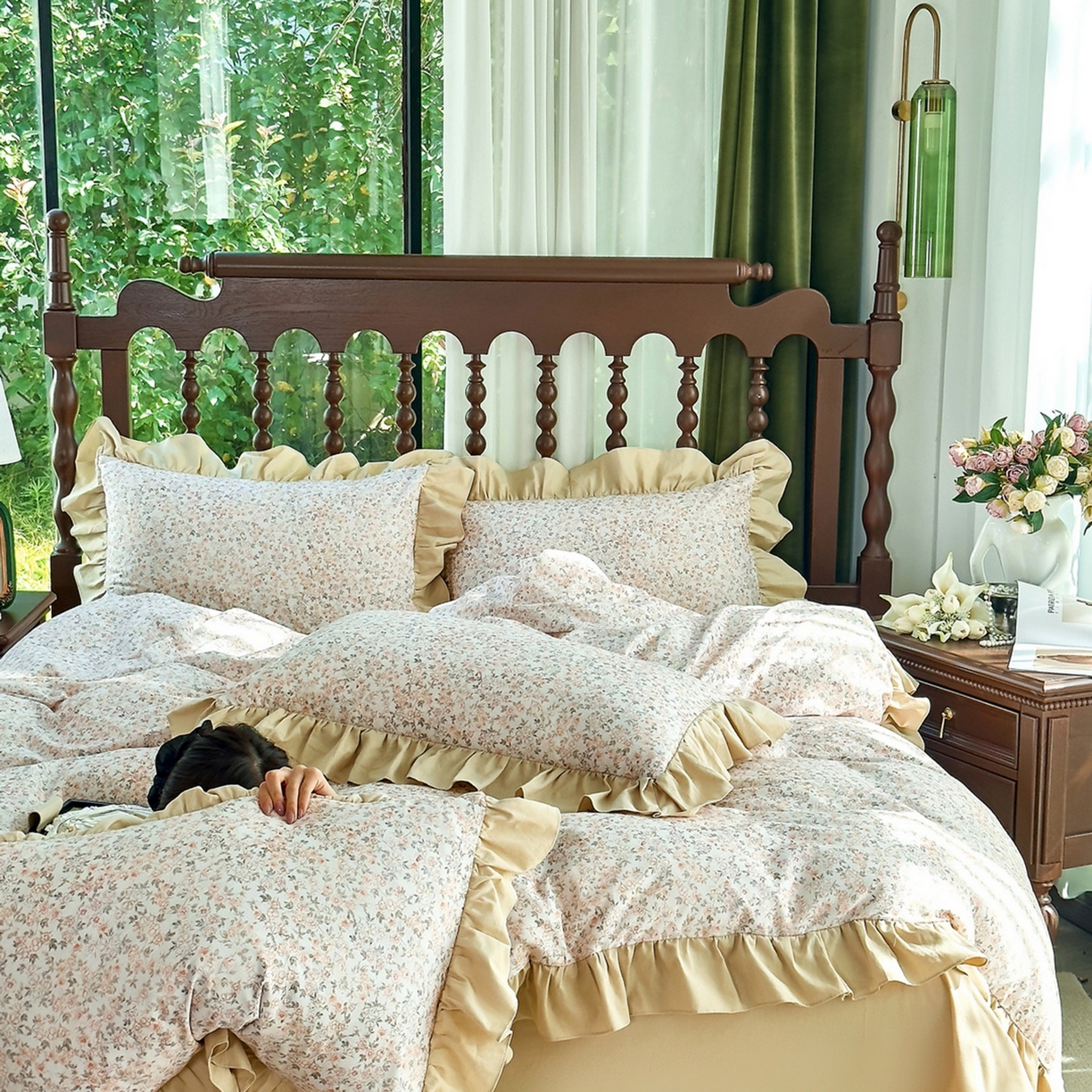 91家纺网 家纺一手货源 找家纺 未来家居 2025秋冬新款全棉法式花边款磨毛四件套 浪漫人生-米