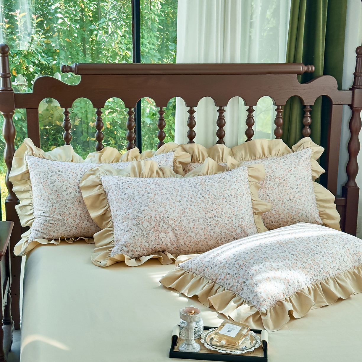 91家纺网 家纺一手货源 找家纺 未来家居 2025秋冬新款全棉法式花边款磨毛四件套 浪漫人生-米