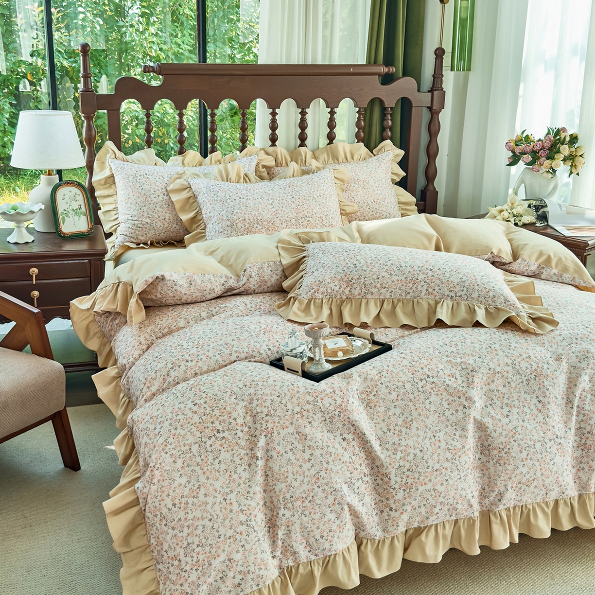 91家纺网 家纺一手货源 找家纺 未来家居 2025秋冬新款全棉法式花边款磨毛四件套 浪漫人生-米