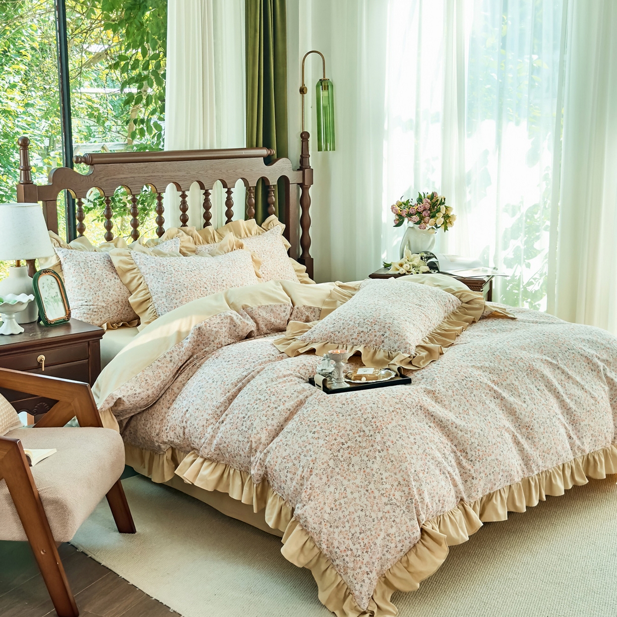 91家纺网 家纺一手货源 找家纺 未来家居 2025秋冬新款全棉法式花边款磨毛四件套 浪漫人生-米