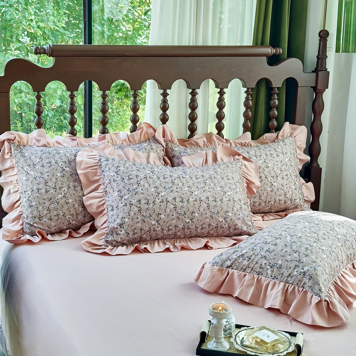 91家纺网 家纺一手货源 找家纺 未来家居 2025秋冬新款全棉法式花边款磨毛四件套 茵然-豆沙