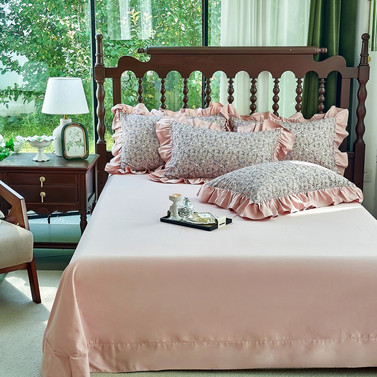 91家纺网 家纺一手货源 找家纺 未来家居 2025秋冬新款全棉法式花边款磨毛四件套 茵然-豆沙