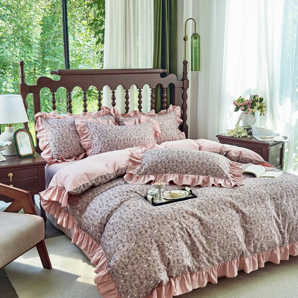 91家纺网 家纺一手货源 找家纺 未来家居 2025秋冬新款全棉法式花边款磨毛四件套 茵然-豆沙