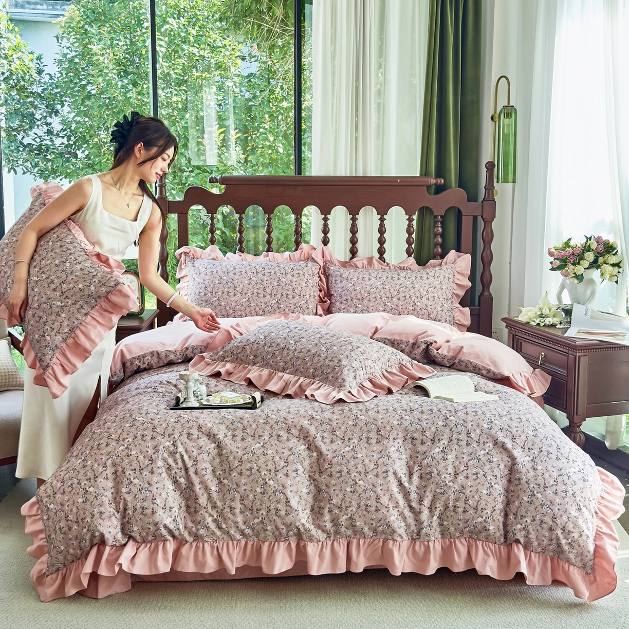 91家纺网 家纺一手货源 找家纺 未来家居 2025秋冬新款全棉法式花边款磨毛四件套 茵然-豆沙