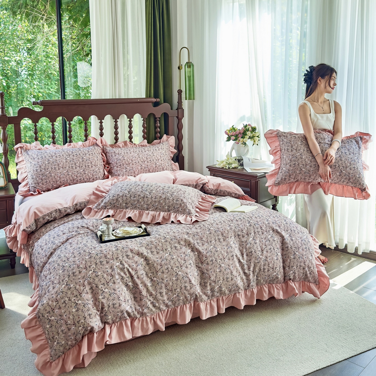 91家纺网 家纺一手货源 找家纺 未来家居 2025秋冬新款全棉法式花边款磨毛四件套 茵然-豆沙