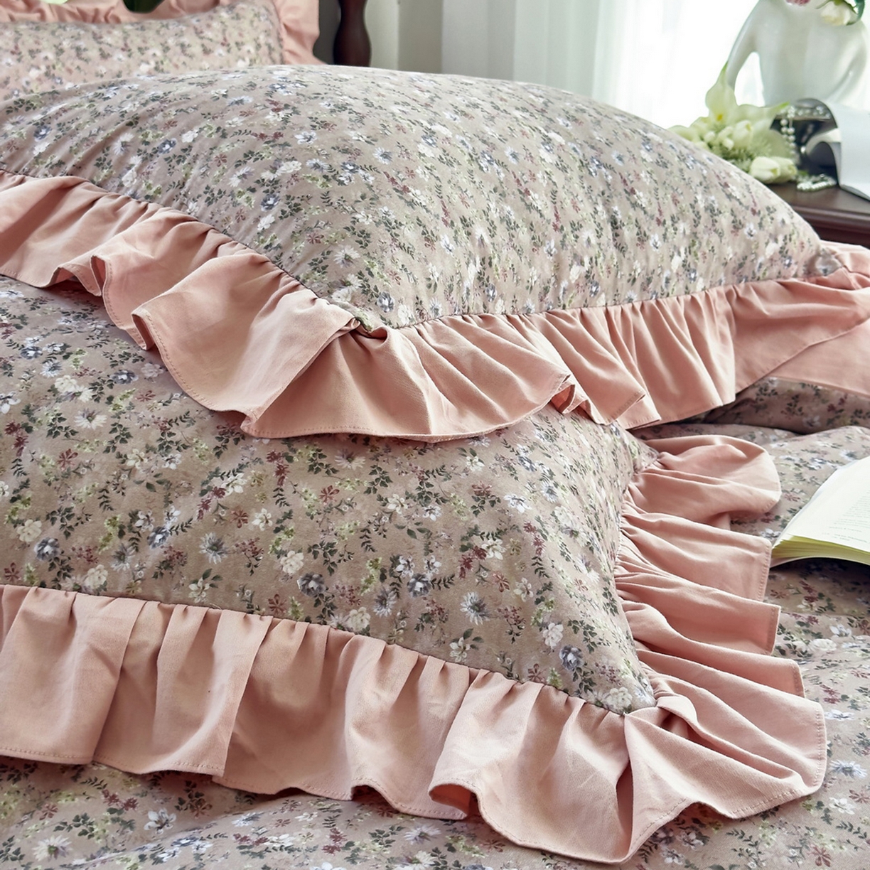 91家纺网 家纺一手货源 找家纺 未来家居 2025秋冬新款全棉法式花边款磨毛四件套 茵然-豆沙