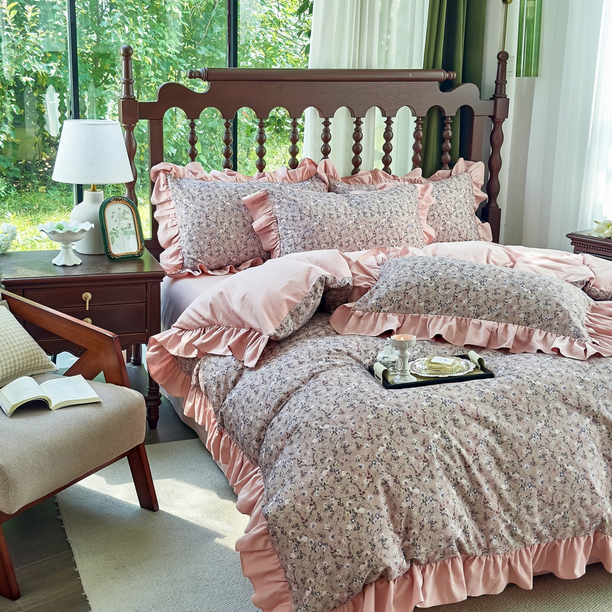 91家纺网 家纺一手货源 找家纺 未来家居 2025秋冬新款全棉法式花边款磨毛四件套 茵然-豆沙