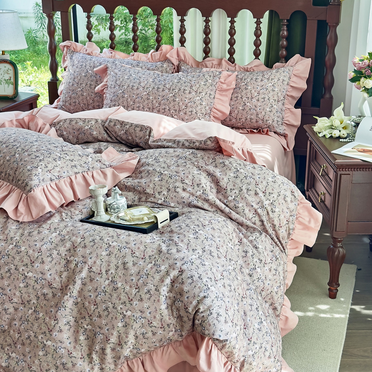 91家纺网 家纺一手货源 找家纺 未来家居 2025秋冬新款全棉法式花边款磨毛四件套 茵然-豆沙