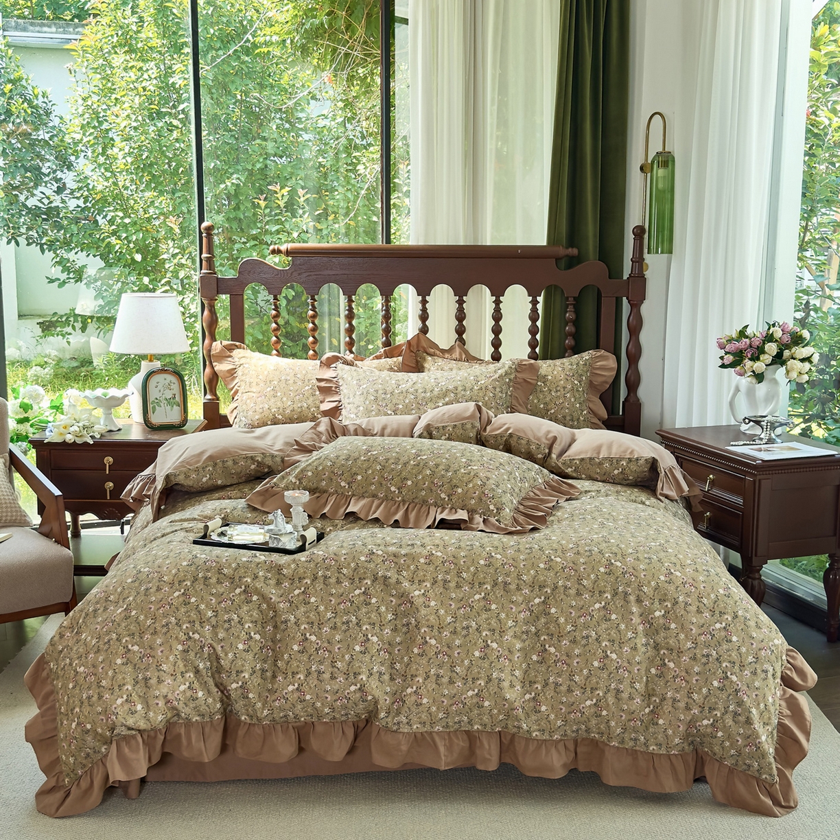 未来家居 2025秋冬新款全棉法式花边款磨毛四件套 茵然-咖