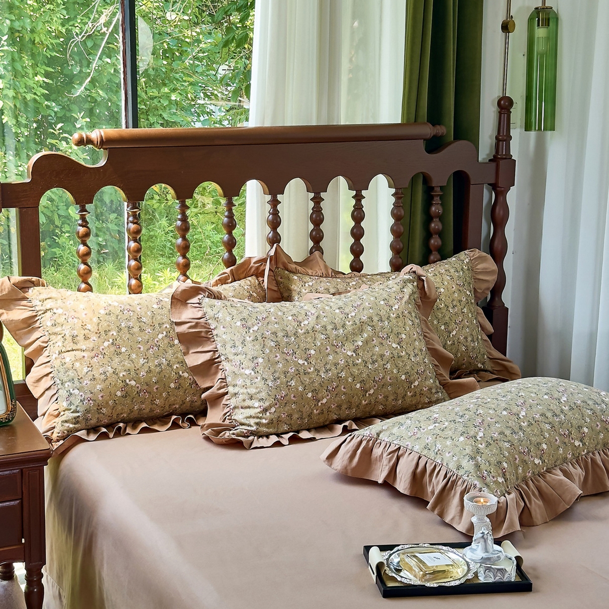 91家纺网 家纺一手货源 找家纺 未来家居 2025秋冬新款全棉法式花边款磨毛四件套 茵然-咖