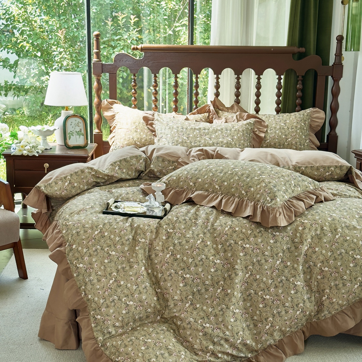 91家纺网 家纺一手货源 找家纺 未来家居 2025秋冬新款全棉法式花边款磨毛四件套 茵然-咖