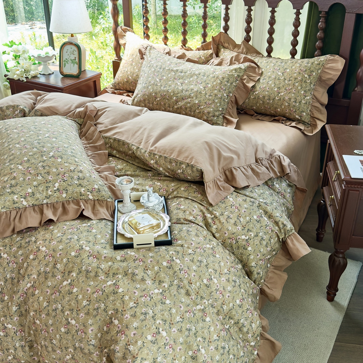 91家纺网 家纺一手货源 找家纺 未来家居 2025秋冬新款全棉法式花边款磨毛四件套 茵然-咖