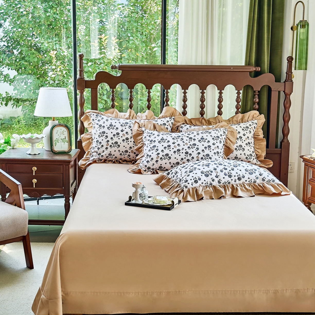 91家纺网 家纺一手货源 找家纺 未来家居 2025秋冬新款全棉法式花边款磨毛四件套 语棠-米