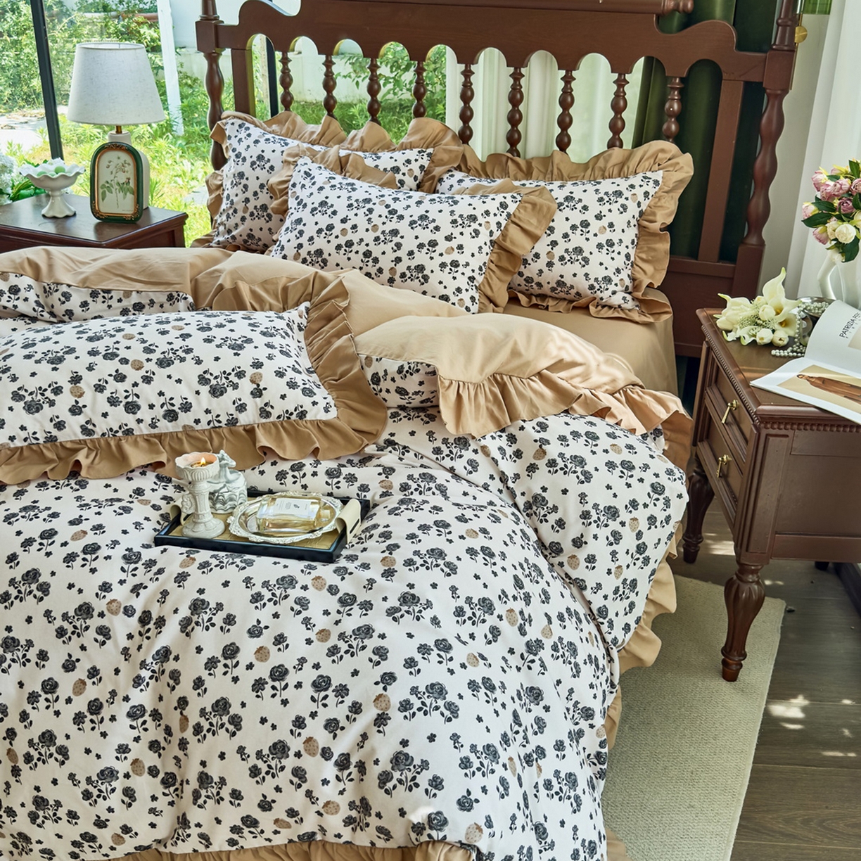 91家纺网 家纺一手货源 找家纺 未来家居 2025秋冬新款全棉法式花边款磨毛四件套 语棠-米