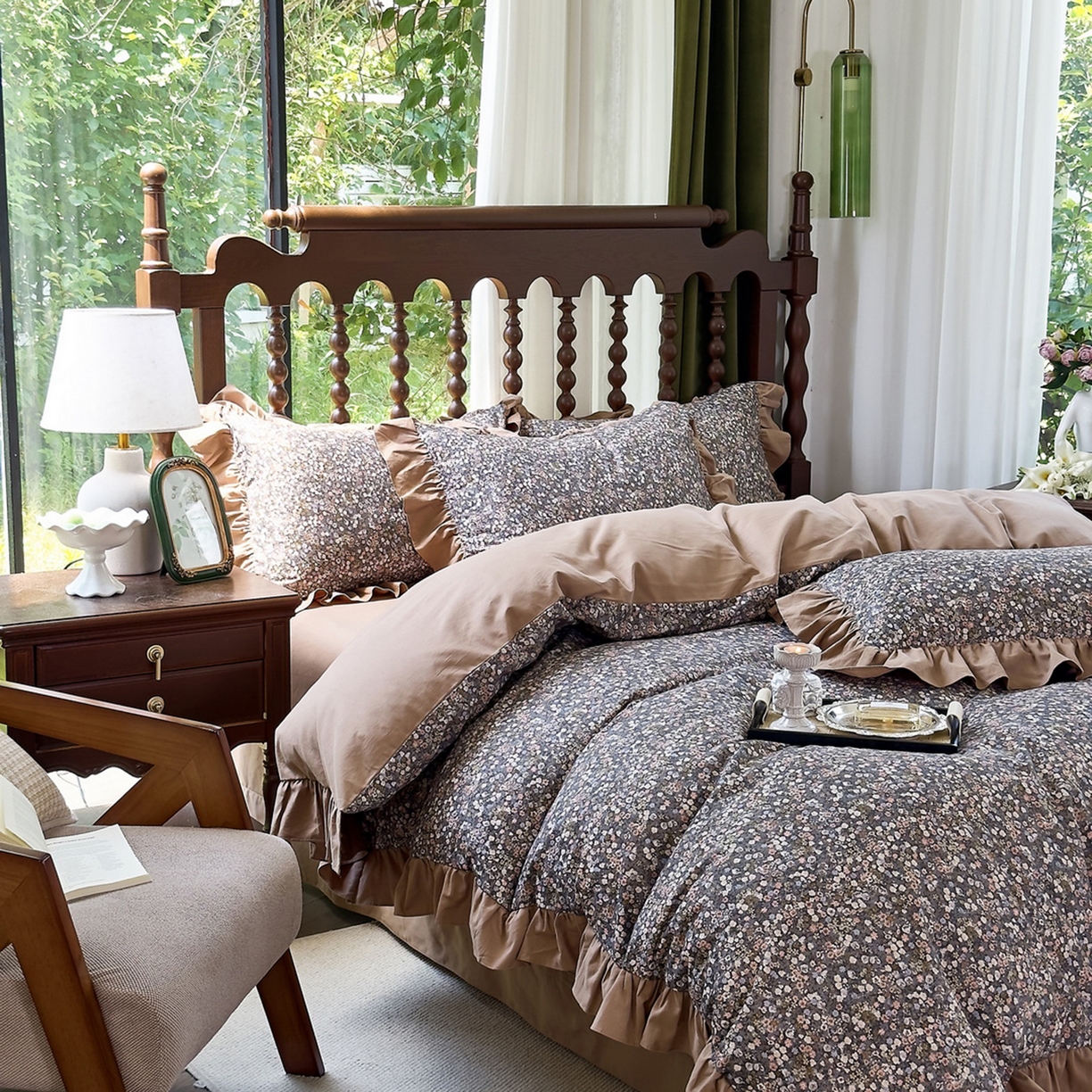 91家纺网 家纺一手货源 找家纺 未来家居 2025秋冬新款全棉法式花边款磨毛四件套 珍妮-咖