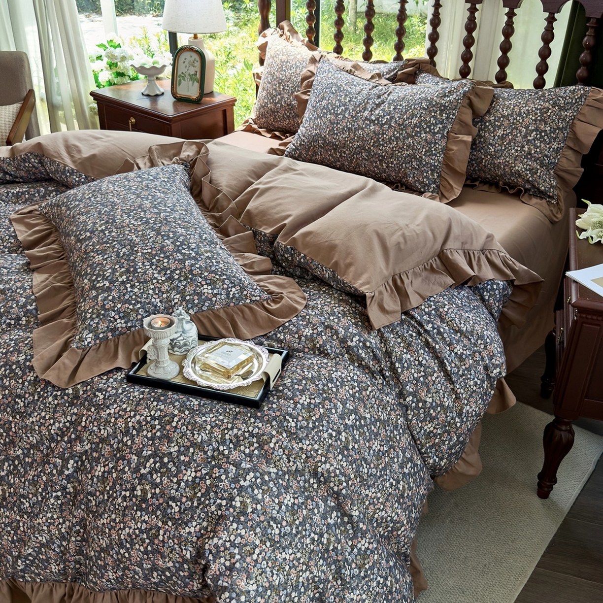 91家纺网 家纺一手货源 找家纺 未来家居 2025秋冬新款全棉法式花边款磨毛四件套 珍妮-咖