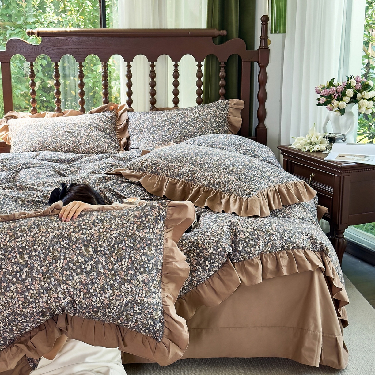 91家纺网 家纺一手货源 找家纺 未来家居 2025秋冬新款全棉法式花边款磨毛四件套 珍妮-咖