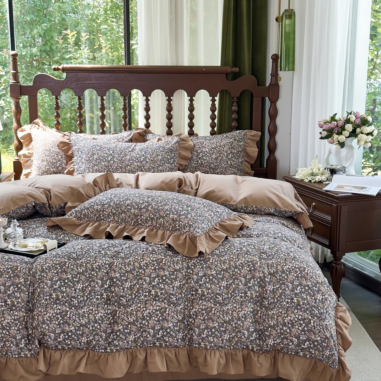 91家纺网 家纺一手货源 找家纺 未来家居 2025秋冬新款全棉法式花边款磨毛四件套 珍妮-咖