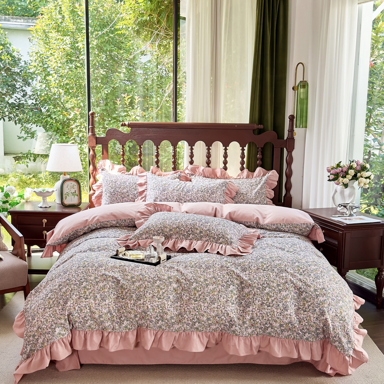 未来家居 2025秋冬新款全棉法式花边款磨毛四件套 珍妮-绿