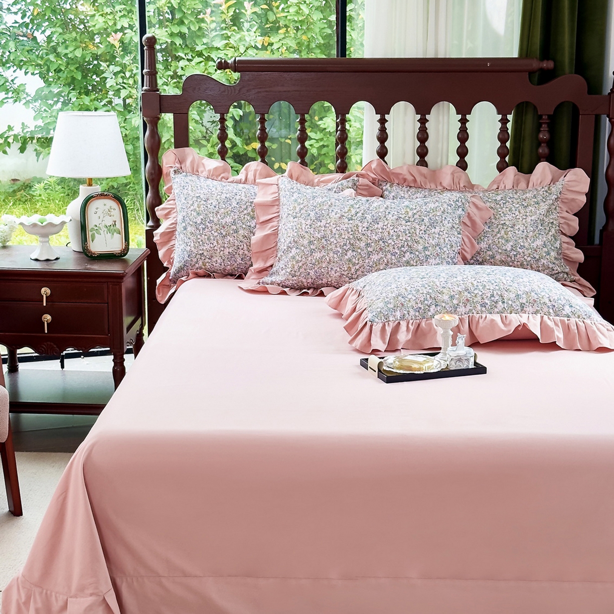 91家纺网 家纺一手货源 找家纺 未来家居 2025秋冬新款全棉法式花边款磨毛四件套 珍妮-绿