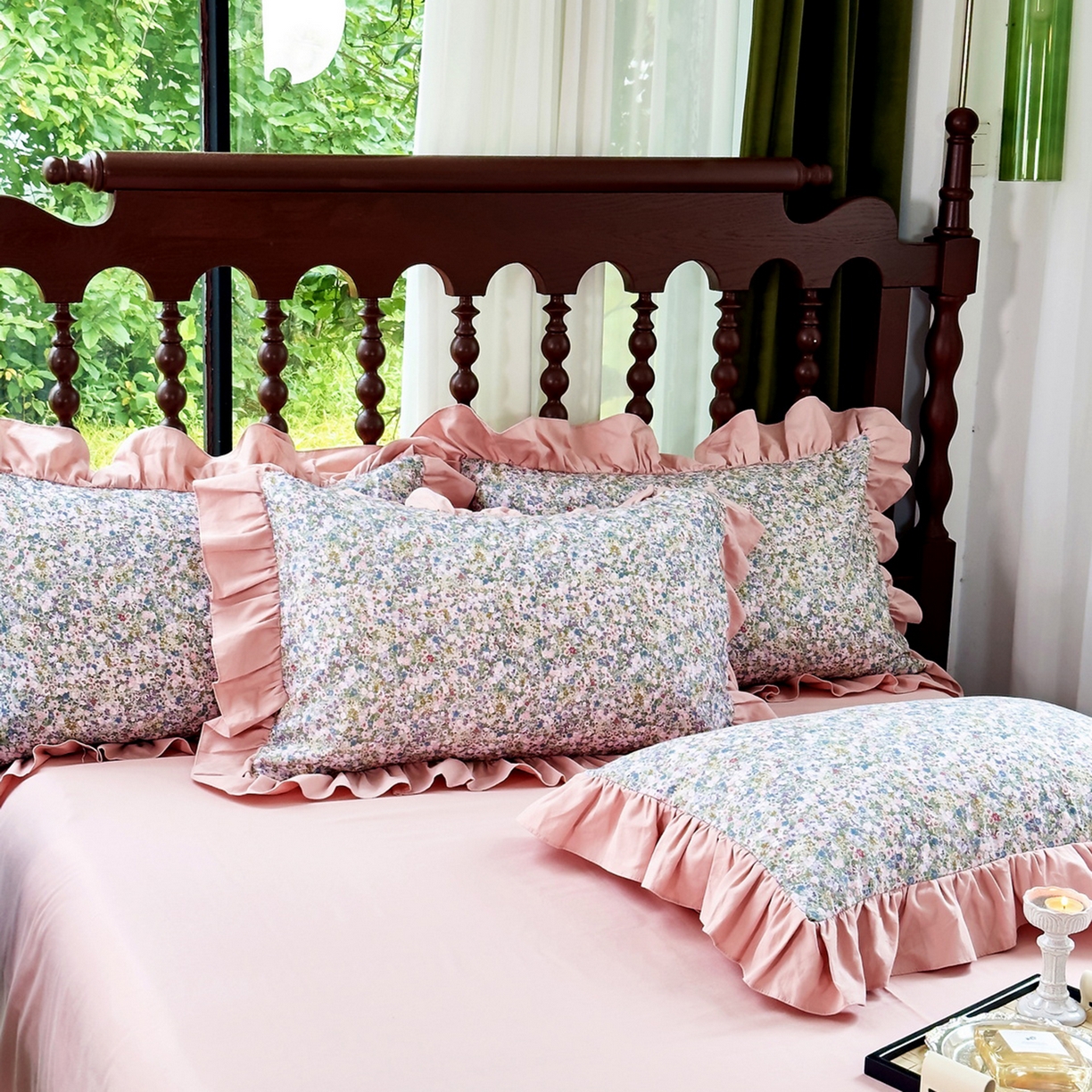 91家纺网 家纺一手货源 找家纺 未来家居 2025秋冬新款全棉法式花边款磨毛四件套 珍妮-绿