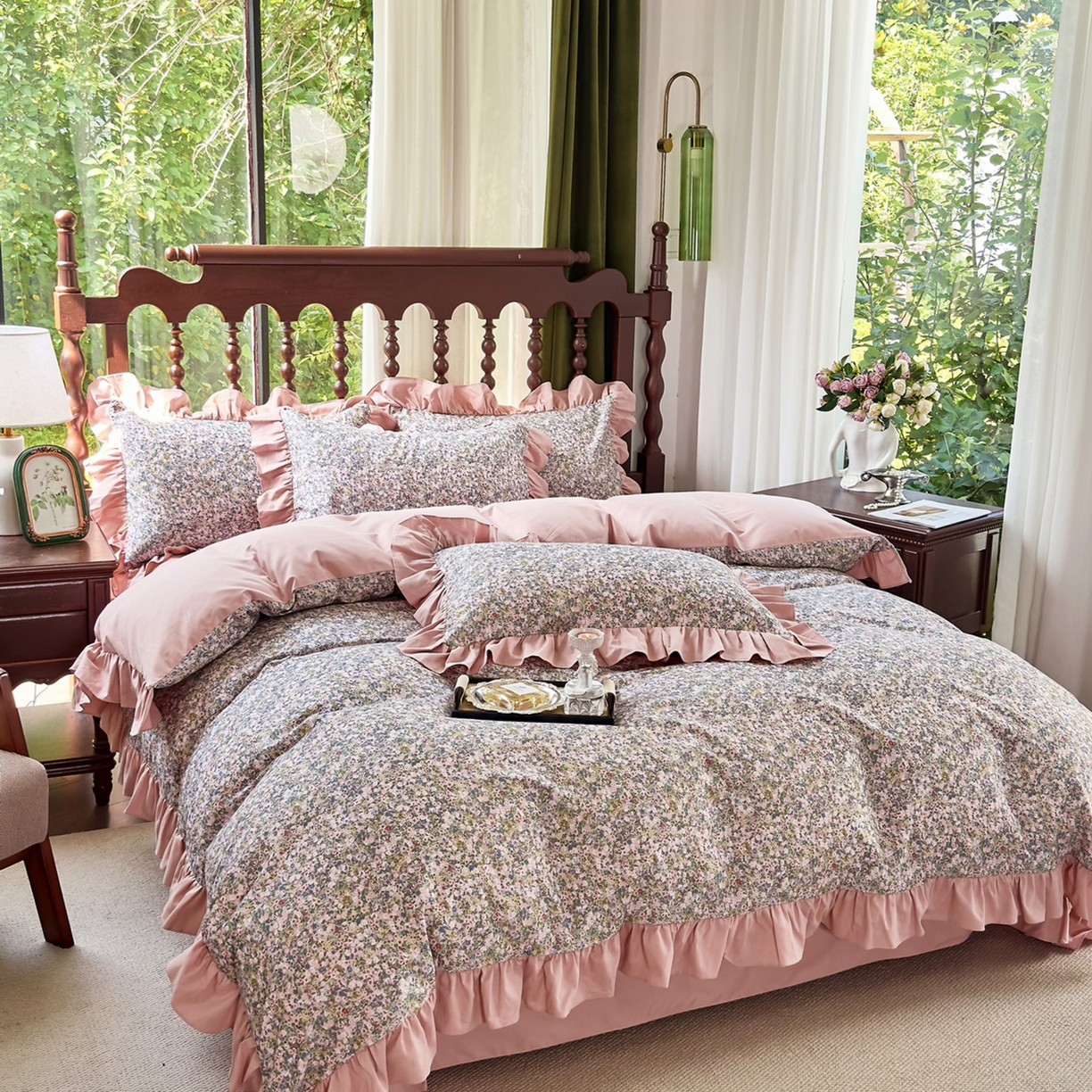 91家纺网 家纺一手货源 找家纺 未来家居 2025秋冬新款全棉法式花边款磨毛四件套 珍妮-绿